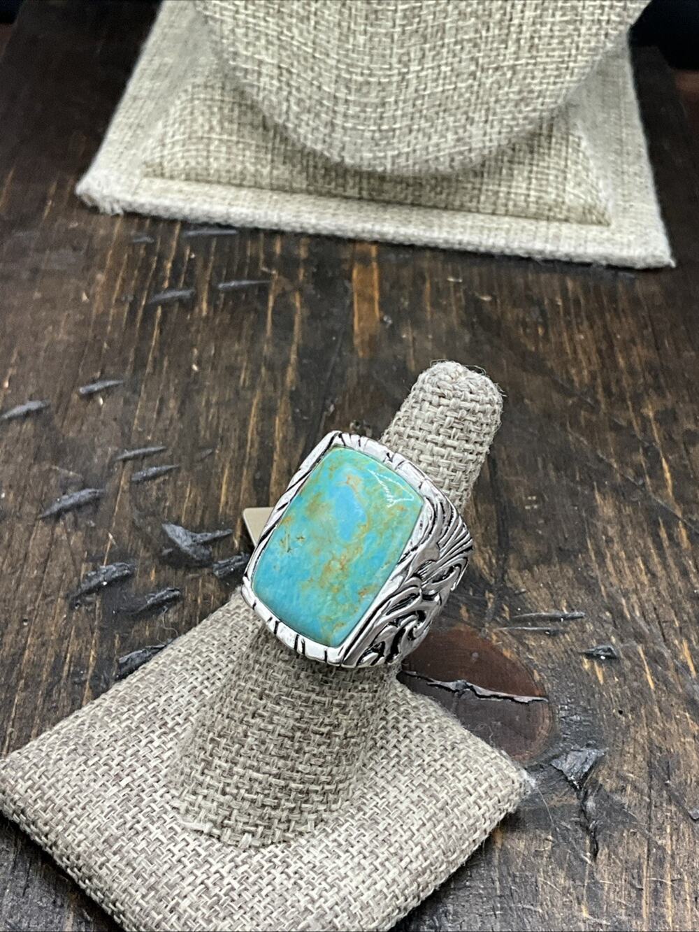 Barse Jacquard Rectangle Ring- Turquoise- Silver- 6.75- NWT